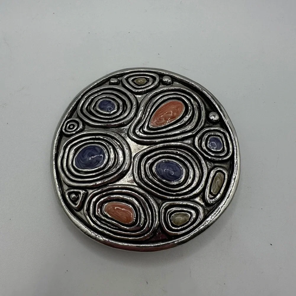 VTG Silver Tone Round Belt Buckle Purple Coral Enamel Swirl Statement Boho Retro